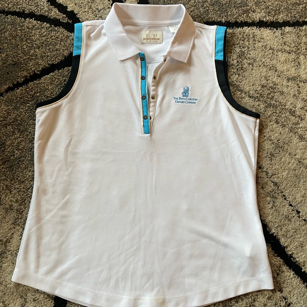 EP Pro Ladies White/Blue Sleeveless Golf Button Down Ritz Carlton Grand Cayman